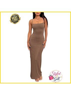Women's Summer Slip Bodycon Maxi Dress Double Lined Spaghetti Strap